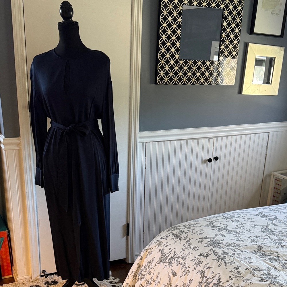 Reiss Navy Long-Sleeve Tie-Waist Midi Dress